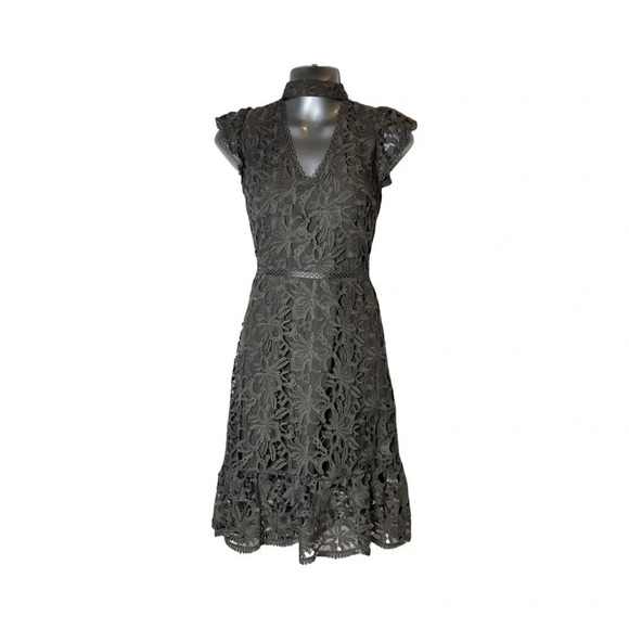 J.O.A. Floral Lace Choker Neck Fit & Flare Dress Charcoal Gray | Size Small NWT - Picture 2 of 9